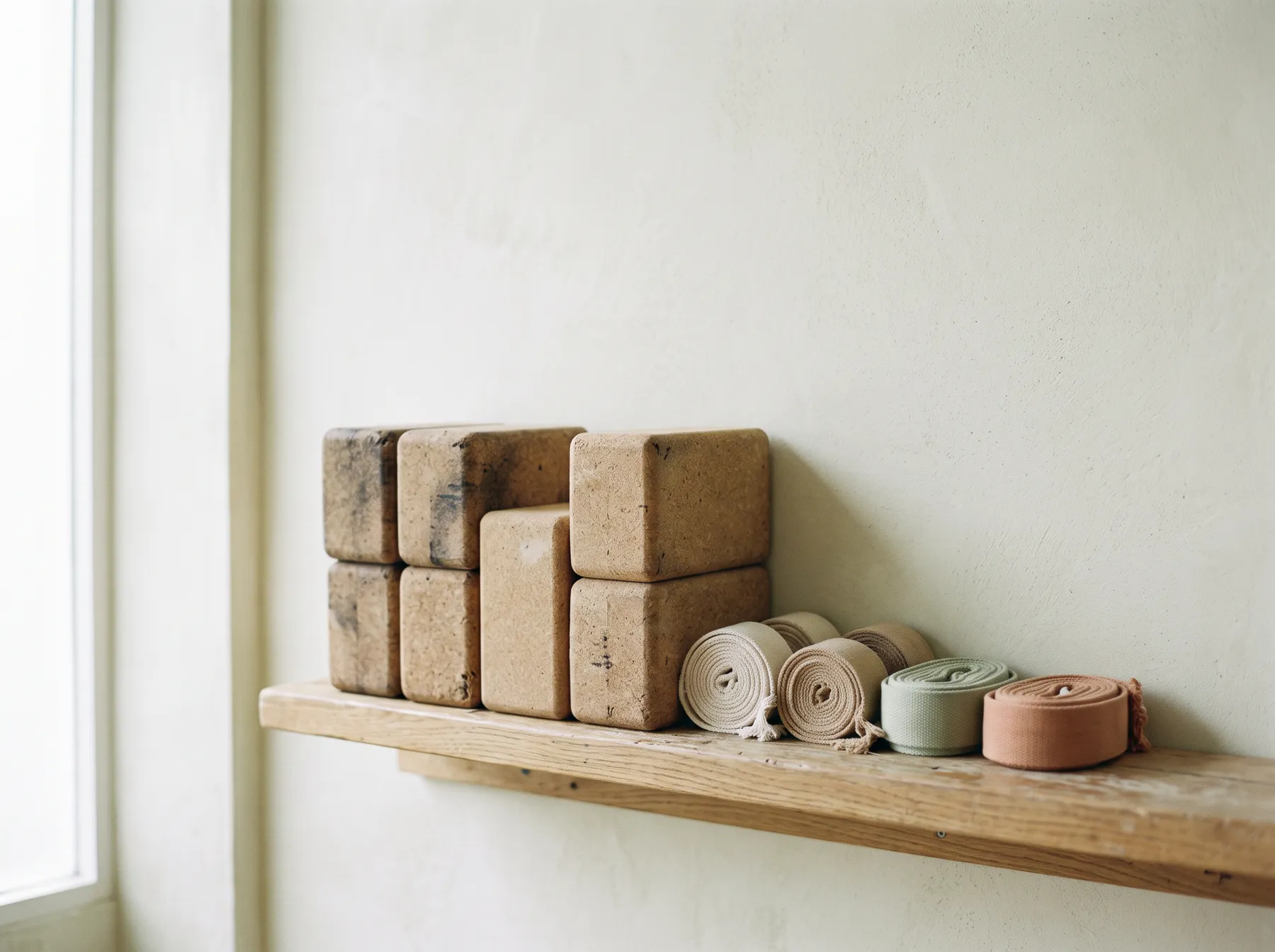 Cork blocks and straps on a shelf