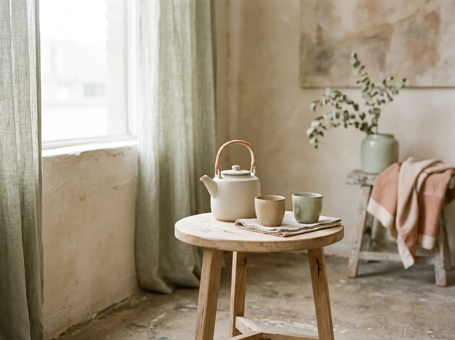 A kettle and cups on a small wooden table