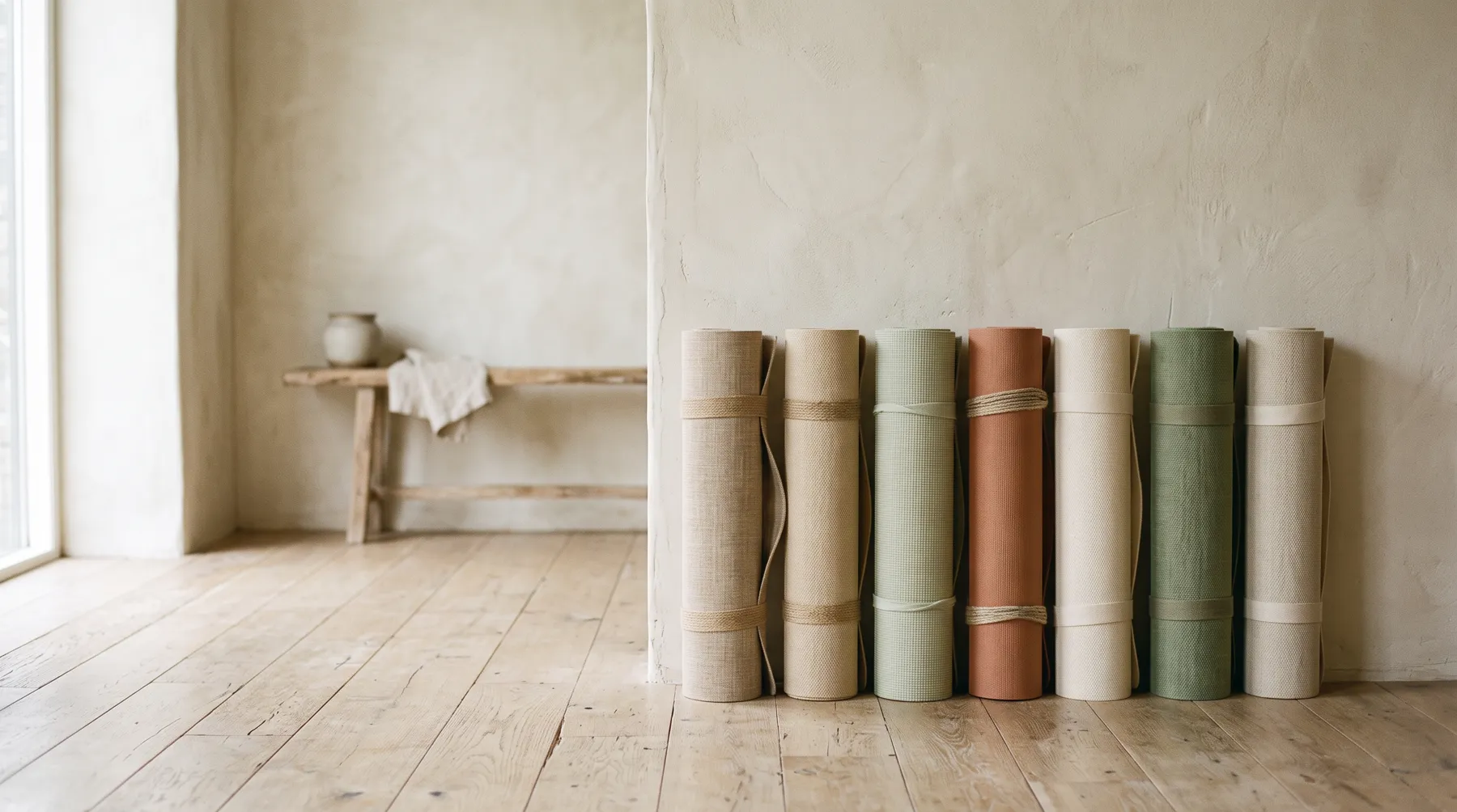Seven rolled mats against a pale wall