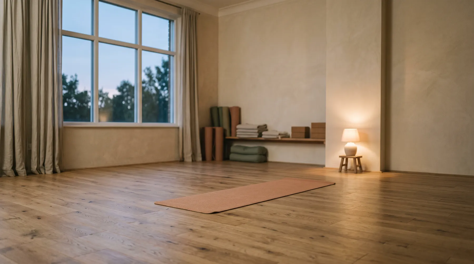 The studio at dusk with one mat unrolled