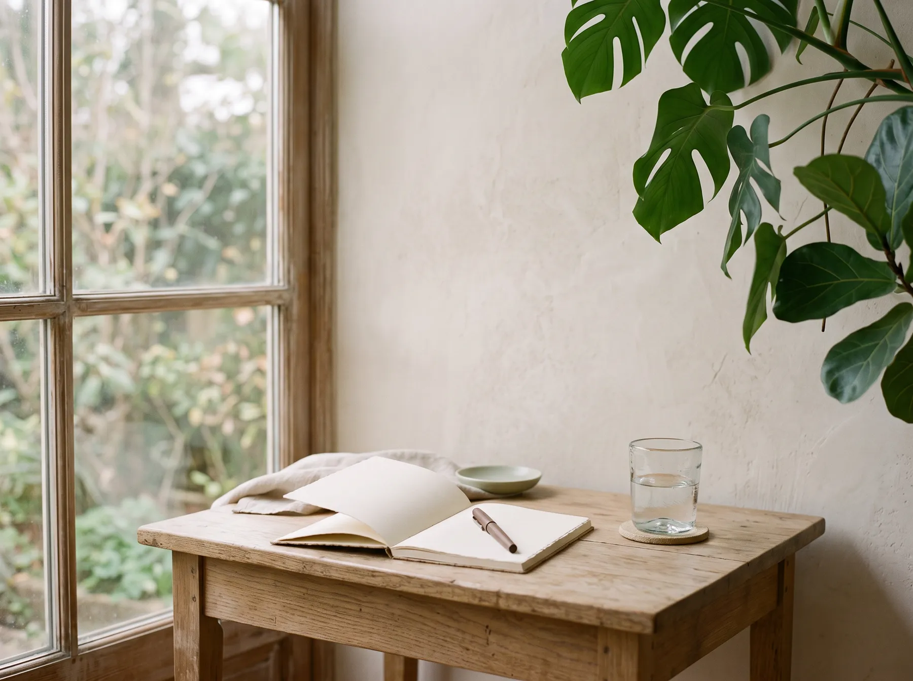A desk by the studio window with a notebook