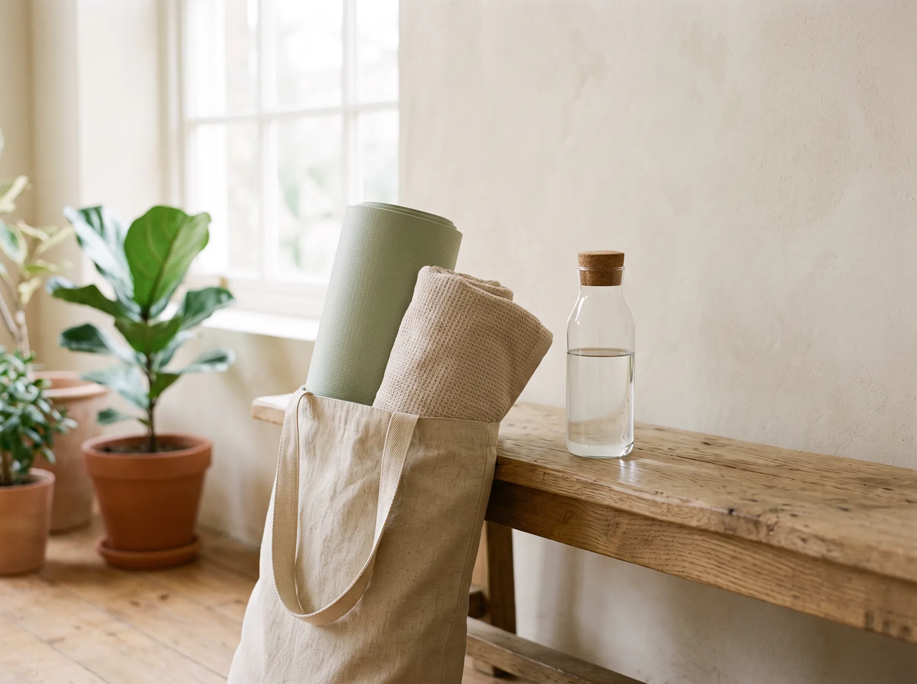 A tote bag with a rolled mat and a towel