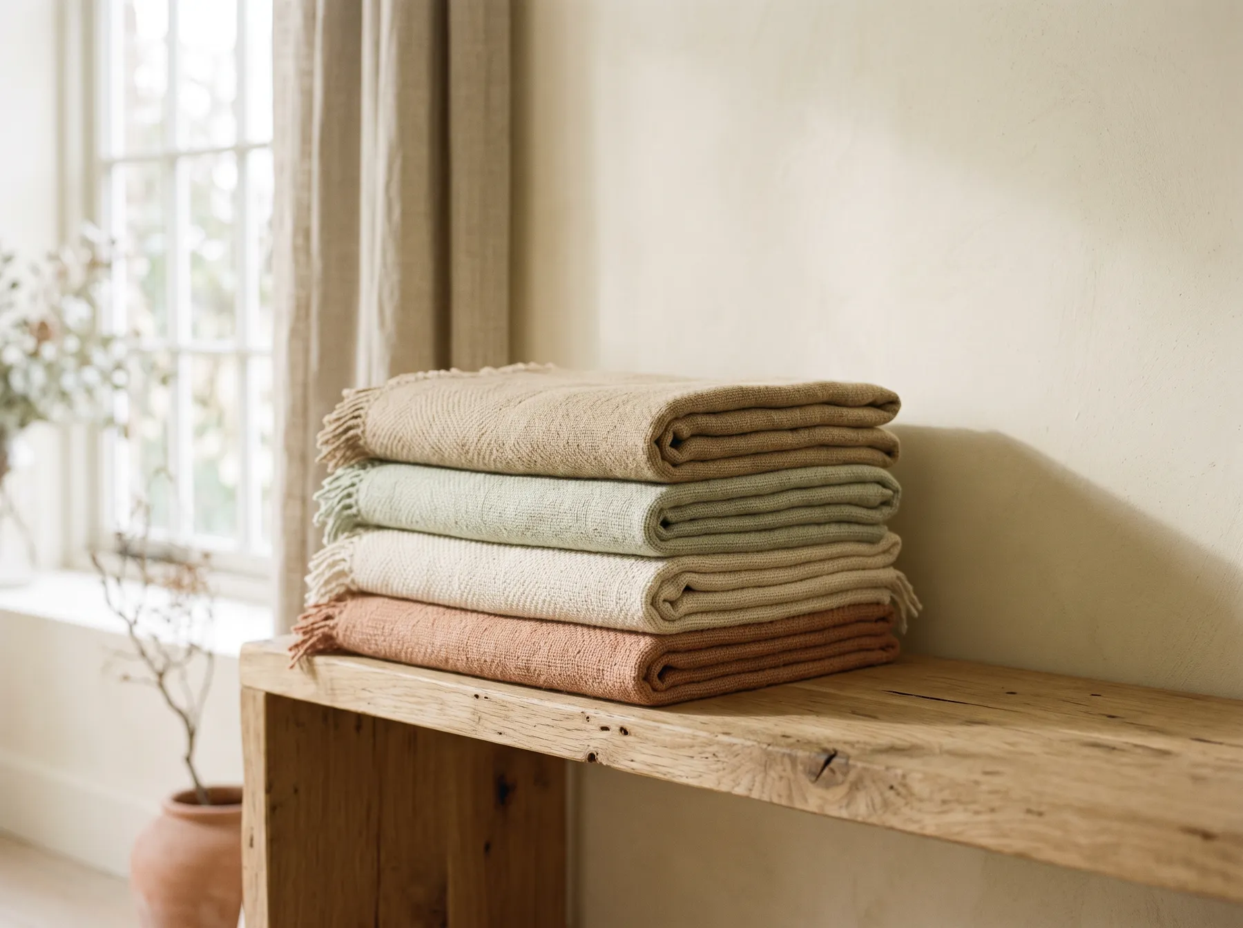 Folded blankets on an oak shelf