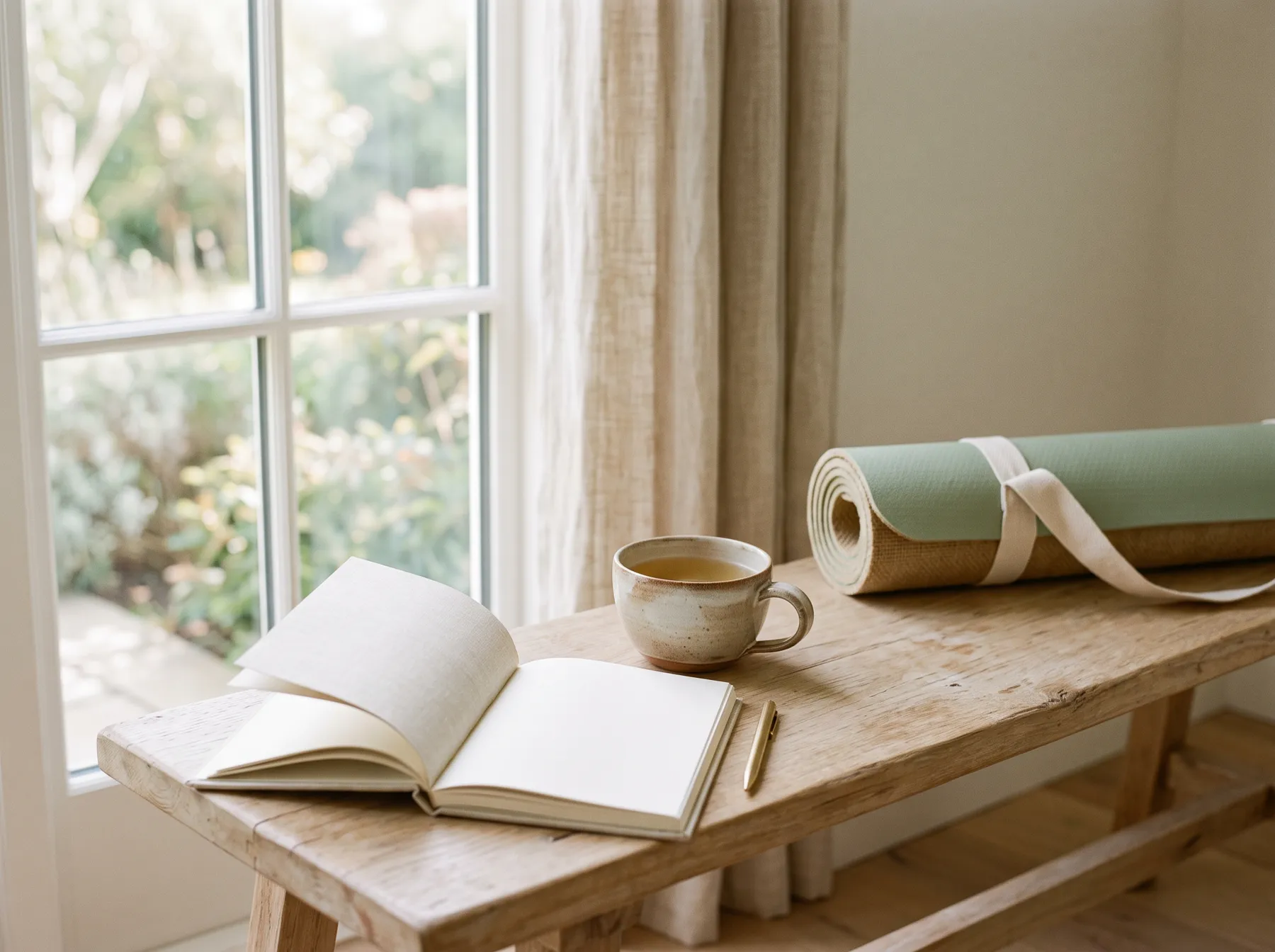 A notebook and a cup of tea on a bench