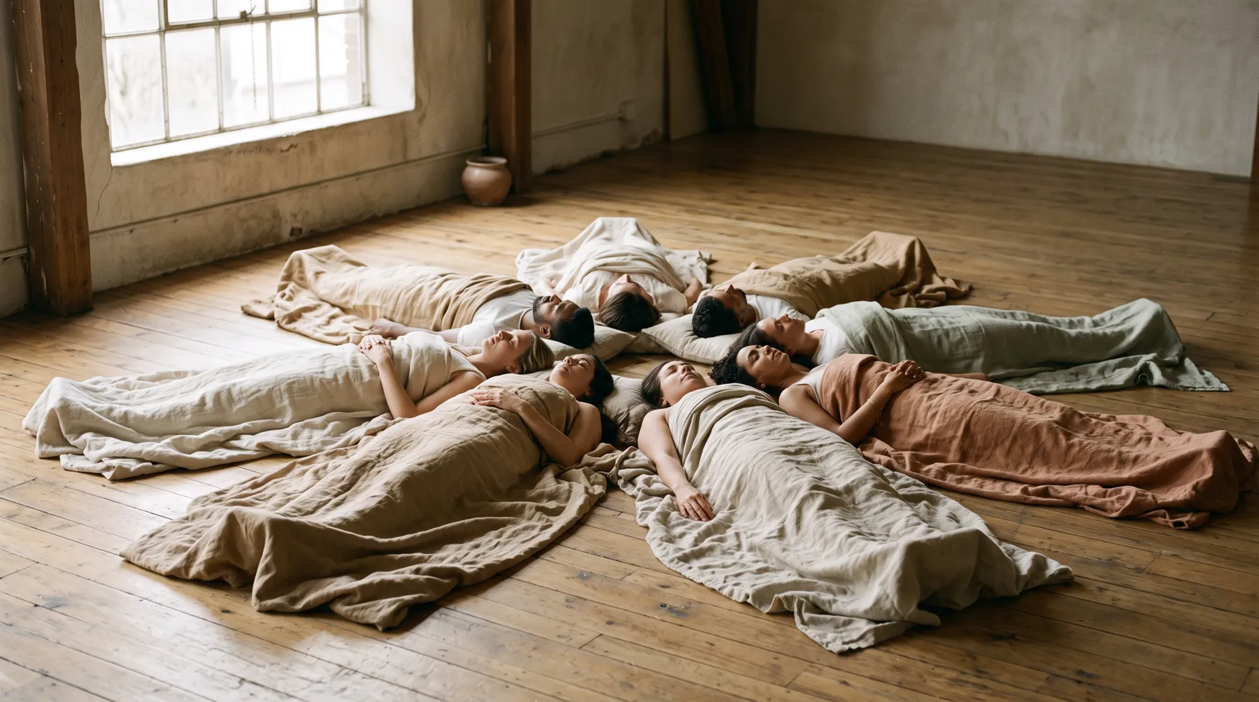 A dim room with people resting under blankets